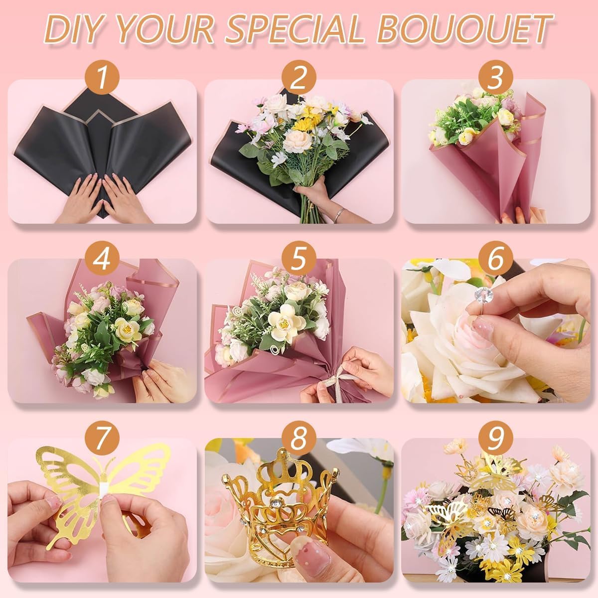 Majreey Floral Wrapping Paper Kit, 80Sheet Waterproof Floral Paper, 3Rolls Ribbon for Flower Bouquet, 2Rolls Transparent Tape,100Pcs Flower Pins, 48Pcs 3D Butterflies, 9Pcs Crowns for Florist Wrapping