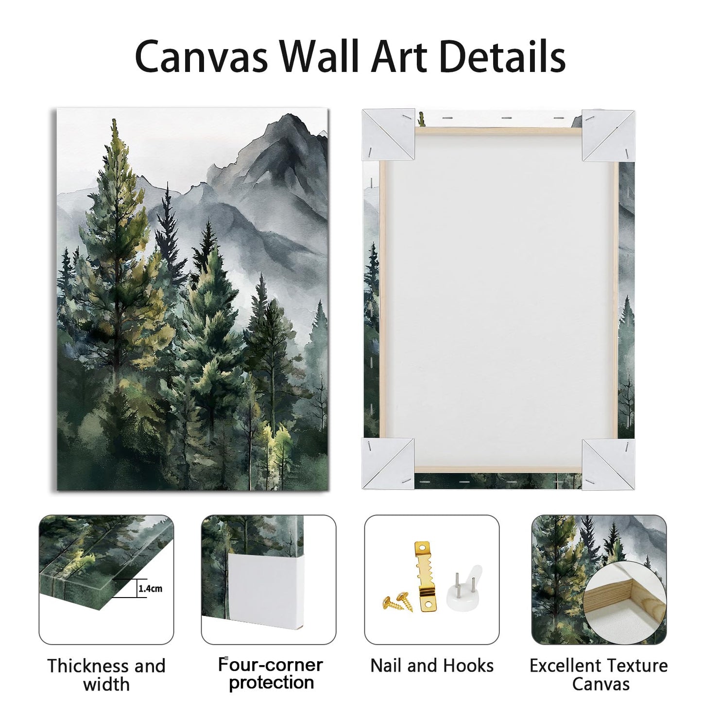 WANGTIAO 3 Panels Framed Canvas Wall Art for Living Room, Abstract Mountain Forest Views Ink Wall Decor for Dedroom Office Wall Paintings Green Landscape Art Prints Pictures Ready to Hang 12"x16"x3