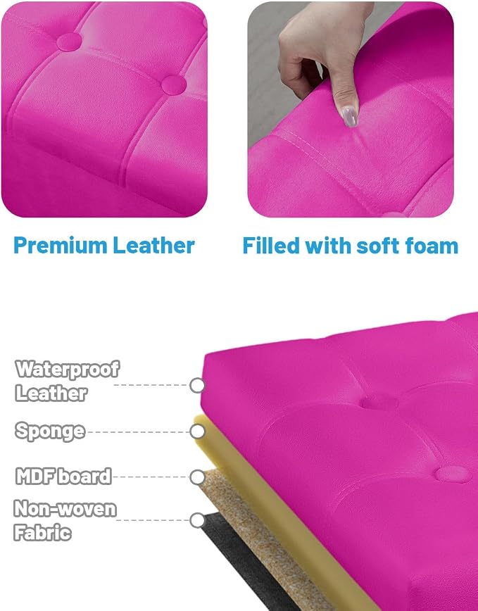AmasSmile Storage Ottoman Foot Rest Stool, 17 inch Velvet Footstool Bench, Hot Pink Short Ottomans Stool, Small Folding Storage Ottoman Store Books, Record