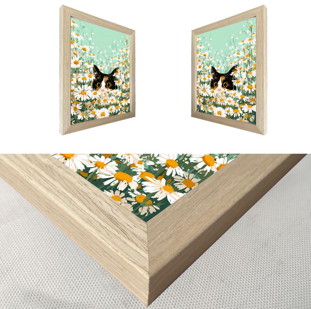 Cat Wall Decor Framed Cute Calico Cat Daisy Wall Art Flower Print Poster Whimsical Pet In White Floral Kitten Decor For Bedroom Nursery