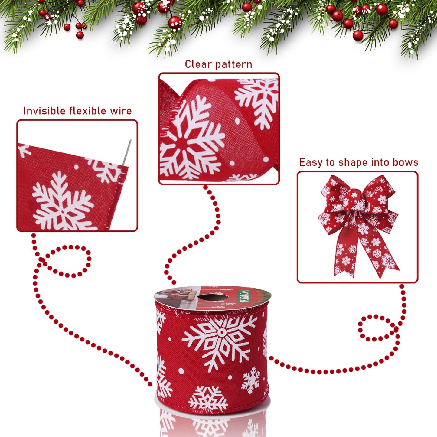 Vloso Christmas Ribbon Wired 2.5 Inch,6 Roll 30 Yards Christmas Wired Ribbon,Incl. Santa/Snowman/Snowflake/Buffalo Plaid Ribbon for Wreaths Bows Holiday Xmas Decor DIY Crafts