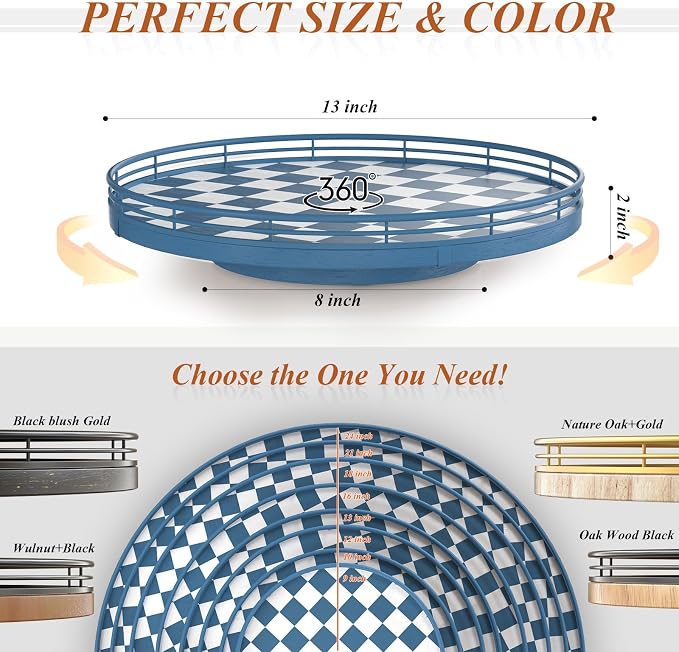 Premium Rubber Wood Lazy Susan Turntable, Blue White Checkerboard Decorative Serving Tray, Hand-Welded Metal Railing, Stable Rotating Organizer for Dining Table, Kitchen Counter, Coffee Table Decor