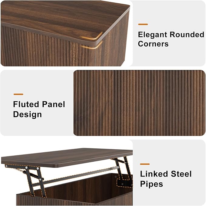 FABATO Mid Century Modern Coffee Table, Wooden Fluted Center Table with Large Hidden Compartment, 41.7” Rectangle with Round Corners, Lift Up Farmhouse Wood Table for Living Room, Home Office, Walnut