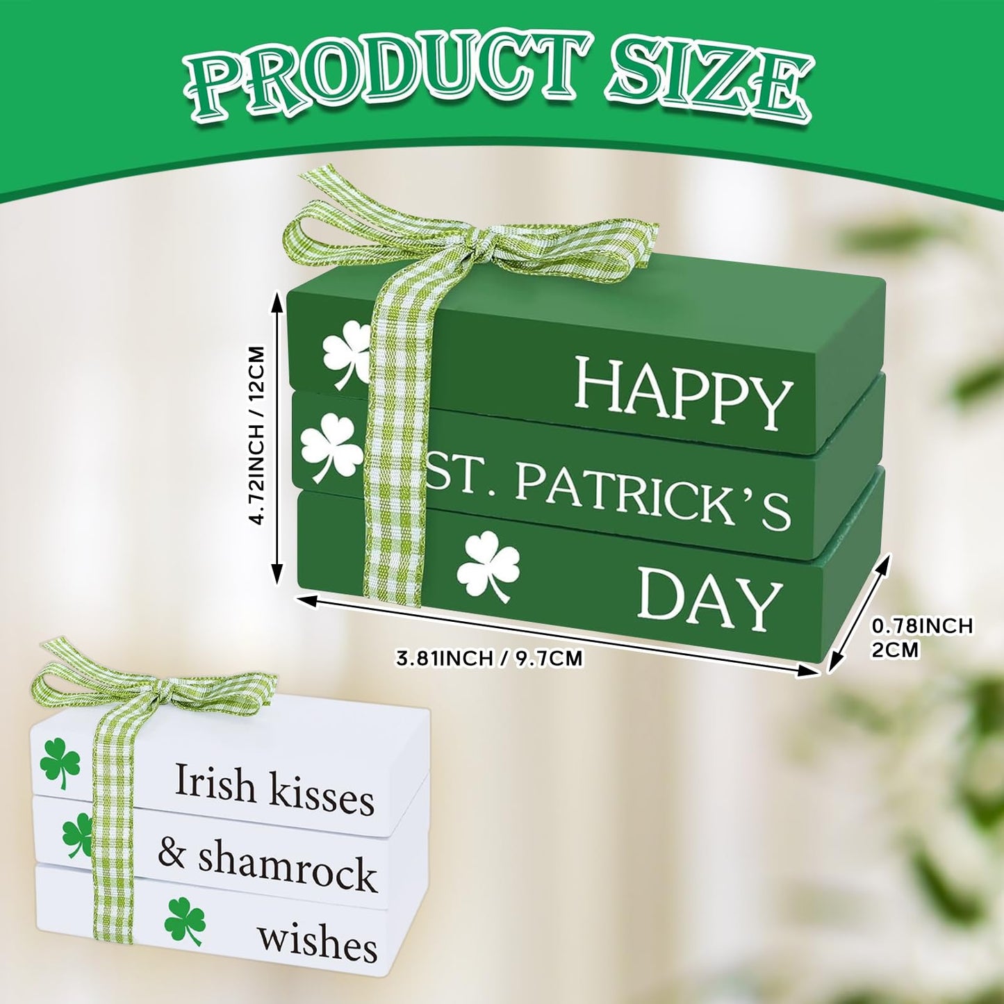 Whaline Mini Happy St. Patrick's Day Wooden Books Stack with Ribbon 2Pcs Shamrock Faux Books Bundle Green White Stacked Books Tabletop Centerpieces for Irish Farmhouse Tiered Tray Entryway Home Decor