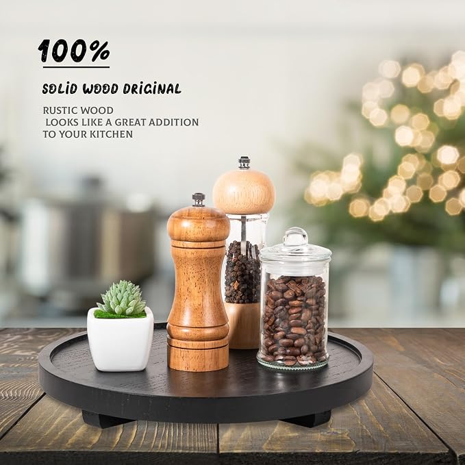 Round Decorative Tray Wood Bathroom Counter Organizer Farmhouse Kitchen Decor Wooden Riser for Soap Dish, Perfume, Candle, Sponge, 11" - Black
