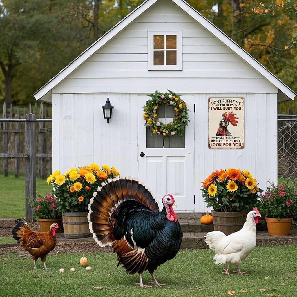 Funny Chicken Sign Don't Ruffle My Feathers, Gift for Chicken Lovers, Farmhouse Wall Decor for Home Coop Garden 8 x 12 Inch (287)