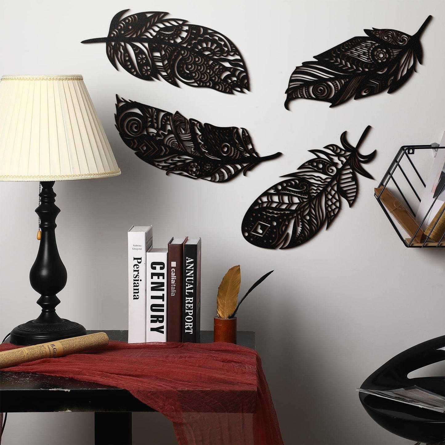 Qunclay 4 Pieces Feather Wall Decor Wooden Feather Wall Art Boho Wall Decor Laser Cut Hanging Mandala Large Rustic Farmhouse Wood Sign for Home Living Room Bedroom Bathroom Kitchen(Black)