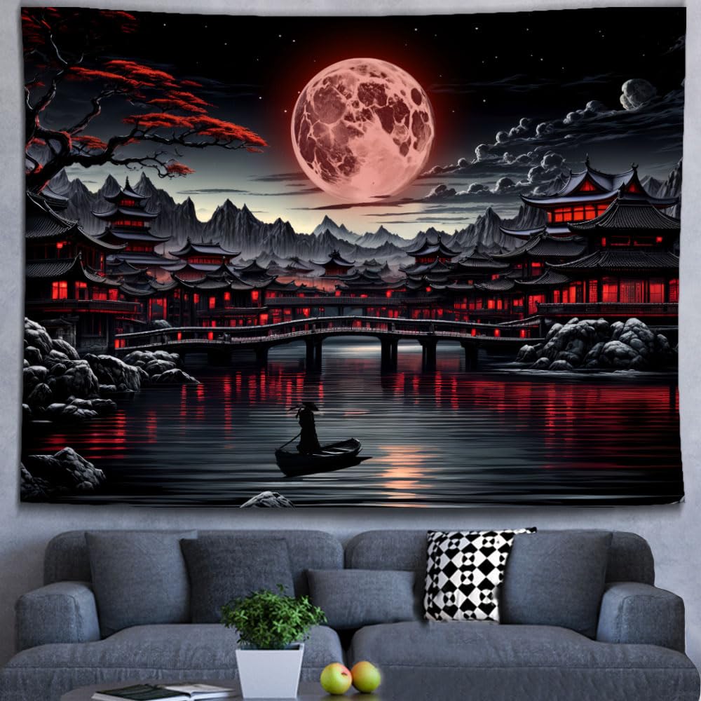 Ine Ive Japanese Landscape Tapestry Cool Red and Black Aesthetic Full Moon Mountain Riverside Wall Tapestries for Men 80x60inch Dark Nature Asian Japan Anime Art Poster for Bedroom Office Dorm Decor