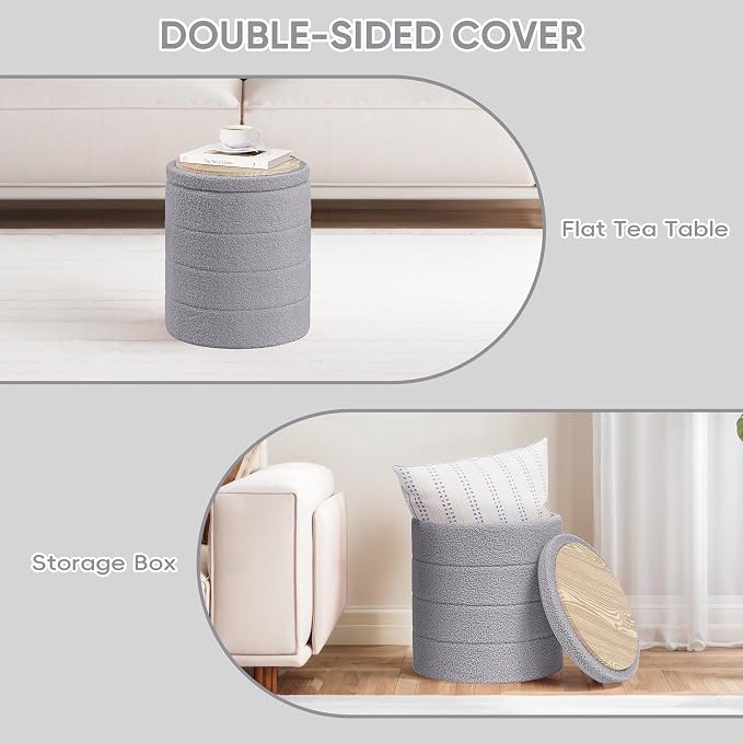 PINPLUS Round Storage Ottoman Foot Rest Stool with Tray Velvet Sherpa Folding Storage Ottoman,Boucle Foot Rest for Living Room, Bedroom, Dorm（Grey）