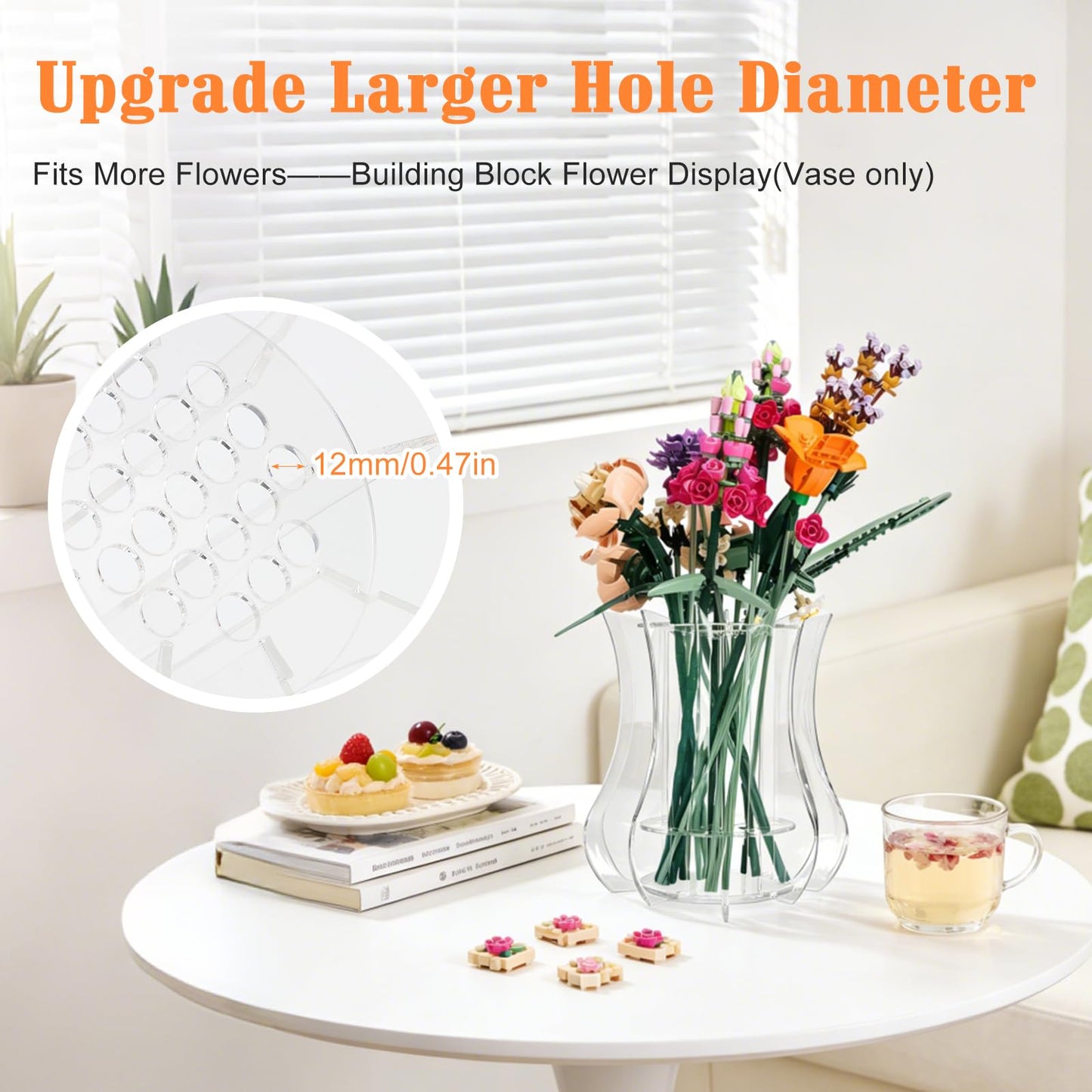 Upgraded Acrylic Vase for Lego Flowers - Thickened Sturdy Display Stand & Holder for Lego Flower Bouquet Building Set, Botanical Collection, Roses & Orchids | Larger Hole Arrangement Design (Clear)