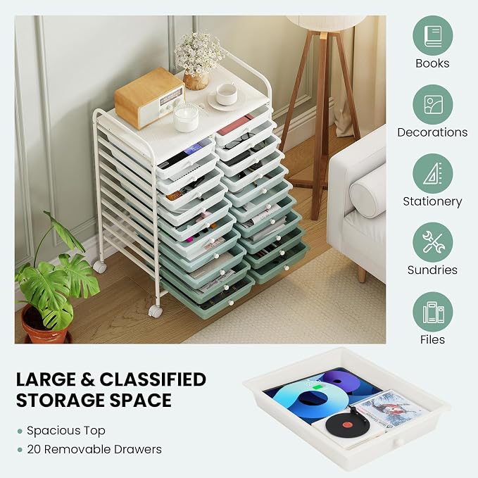 Giantex 20 Drawers Rolling Cart, Mobile Storage Drawer Cart, Classroom Organizer Cart for Office School Supplies Tools Scrapbook Paper Craft Small Printer, Utility Cart on Wheels, Green Gradient