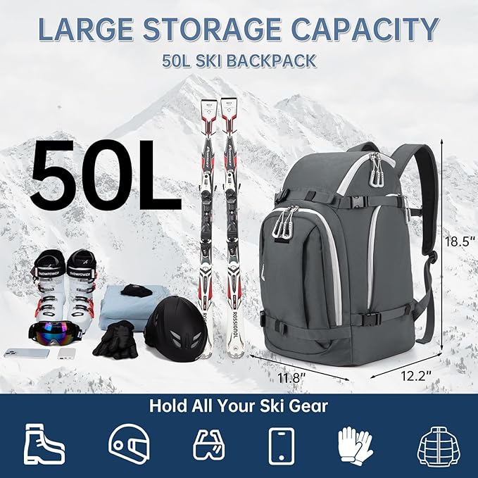 Ski Boot Bag, 50L Ski Boot Travel Backpack for Skis, Snowboard & Accessories, Waterproof Padded Ski Boot Bag Backpack