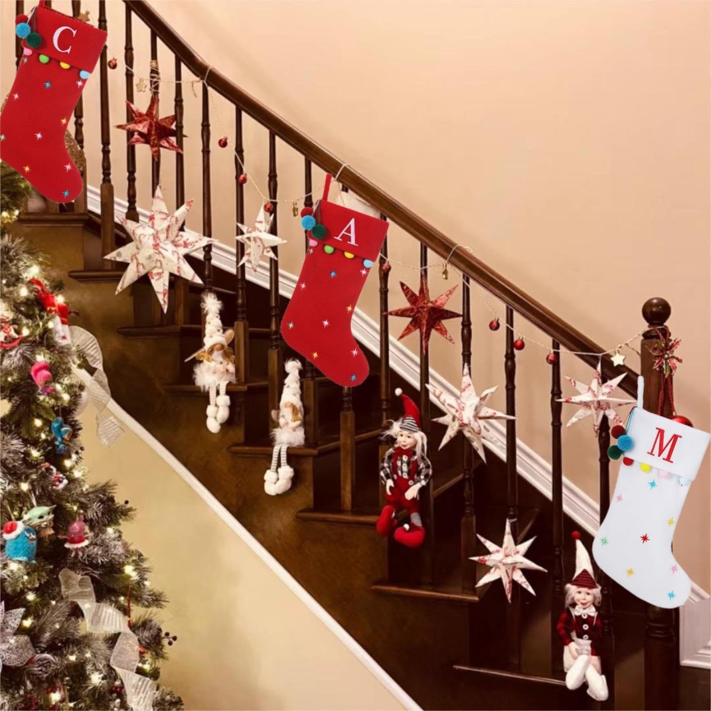 SIRIPHUM 19.5 Inches Initial Monogram White Christmas Stocking Personalized, Embroidered Letter Fleece Christmas Stocking with pom poms Decoration for Family Christmas Holiday Party Decor-E