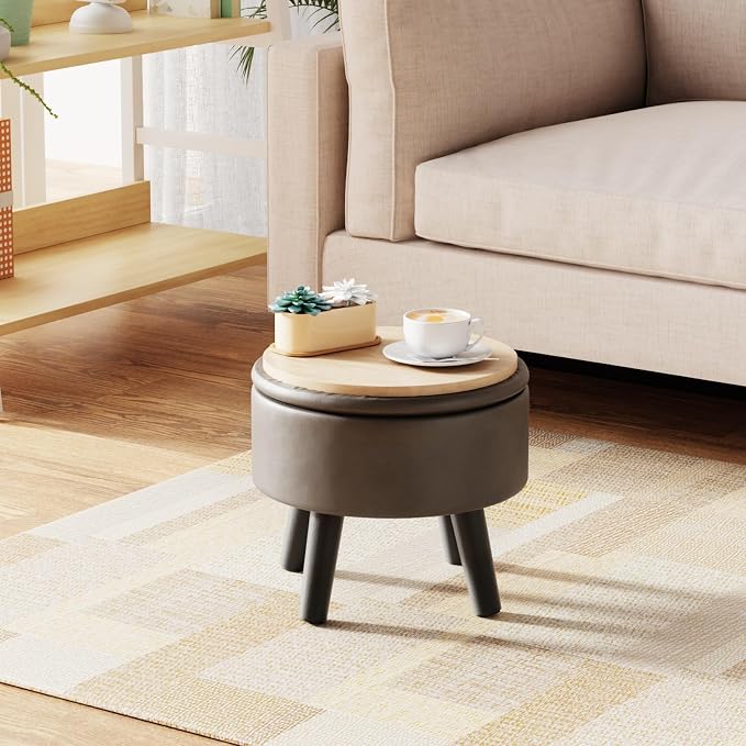 Small Foot Stool Ottoman with Storage, Faux Leather Ottoman Foot Rest for Couch, Round Footstool Ottomans for Living Room (Gray)