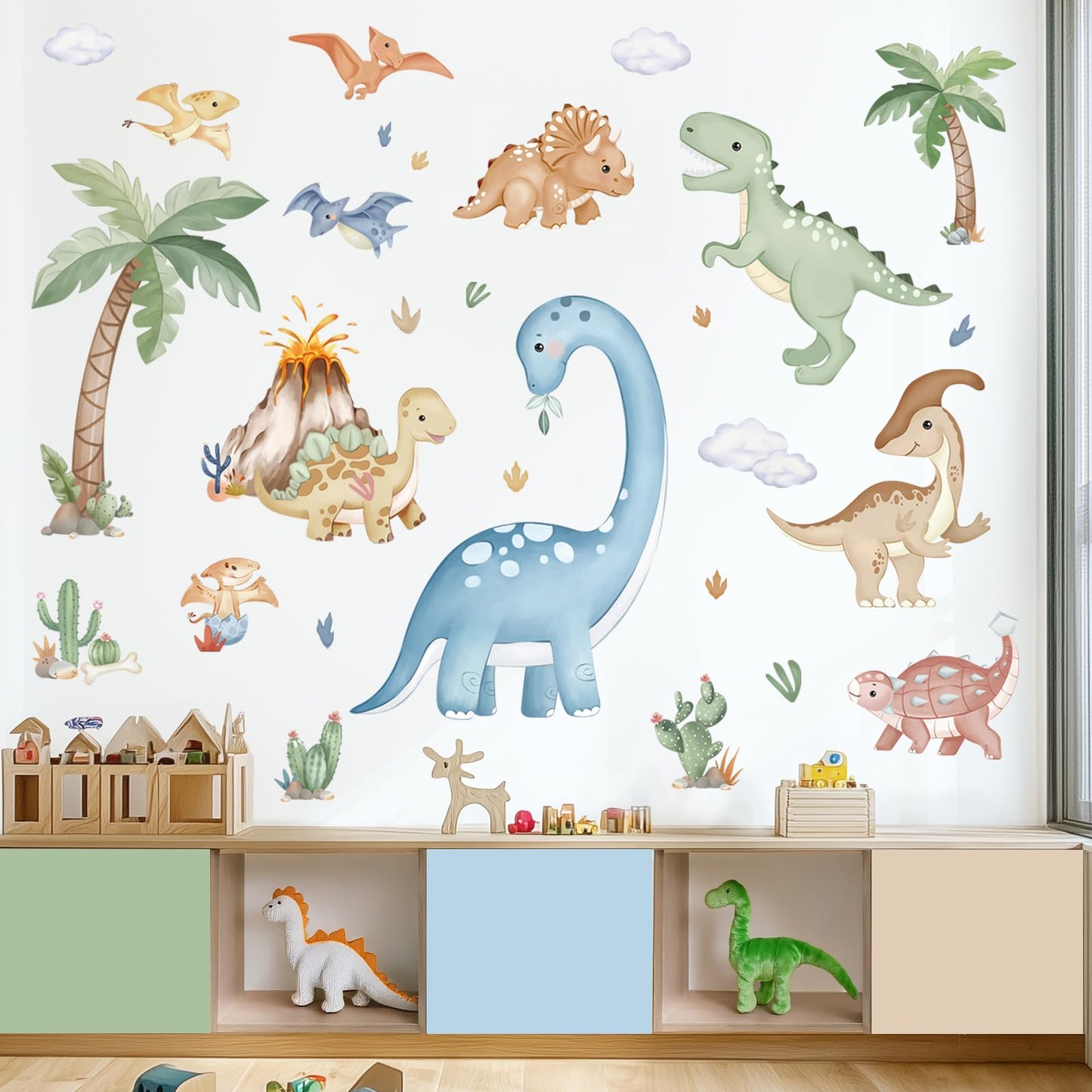 wondever Large Boho Dinosaur Wall Stickers Watercolor Dino Tropical Plants Volcano Peel and Stick Wall Art Decals for Baby Nursery Kids Bedroom Playroom
