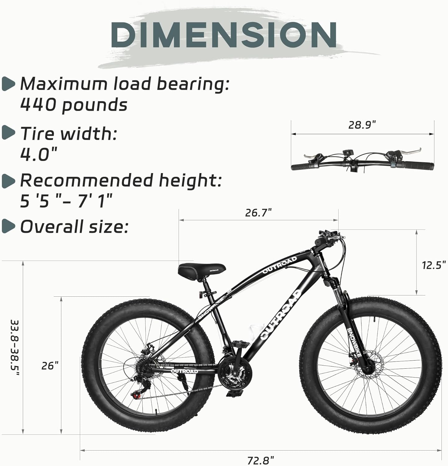 Betterland 26 Inch Bicycle Wheels, Fat Tire Mountain Bike, 21-Speed with Dual Front Suspension, High Carbon Steel Frame with Double Disc Brake and Anti-Slip Bicycle for Adults (FT-Black)