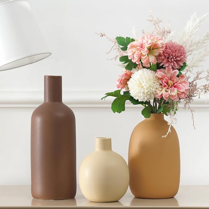 Ceramic Vase Set of 3, Brown Large Rustic Vases for Farmhouse Decor, Pampas Grass & Dried Flowers and Table Living Room Home Decor