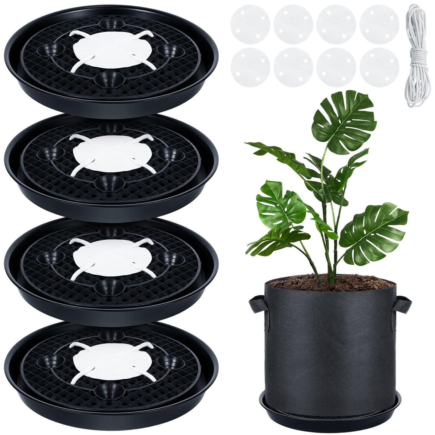 POILKMNI 4 Pack 14 Inch Self-Watering Fabric Pot Base, Auto Irrigation Plant Saucer Tray for 5 Gallon Grow Bags, Elevated Plant Stand with Wick System for Indoor Outdoor Garden Greenhouse Grow Tent