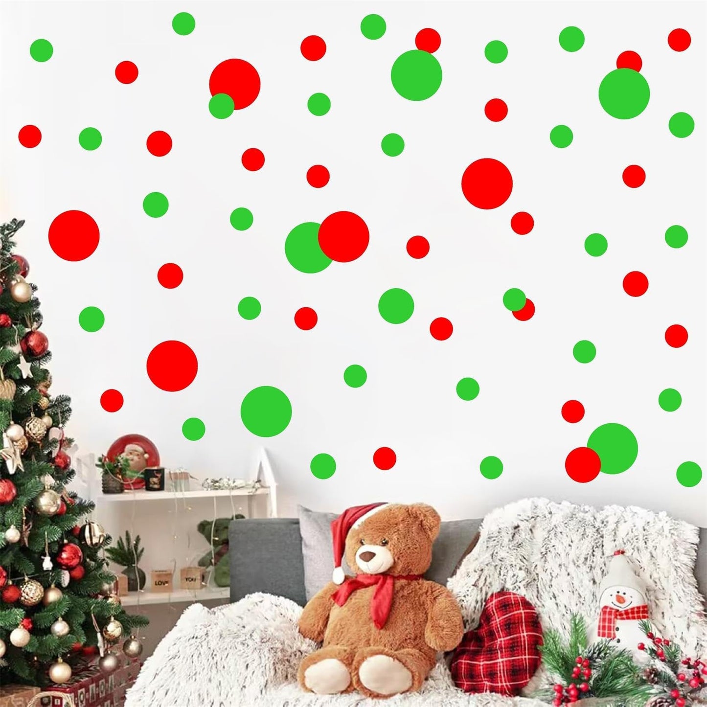 Polka Dots Wall Decal Christmas Wall Decals Lime Green Red Vinyl Stickers Dots Decals Living Room Art Murals Xmas Home Decoration Indoor Rainbow Christmas Circle Stickers Peel and Stick Decal