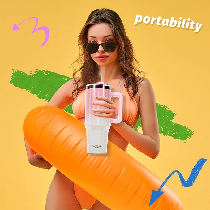 40 oz Shiny Tumbler with Handle and Straw,Stainless Steel Tumbler with Lid and Straw,Insulated Travel Mug(Cold for 34 Hours),Water Bottle for Iced Tea,Coffee (Pink)