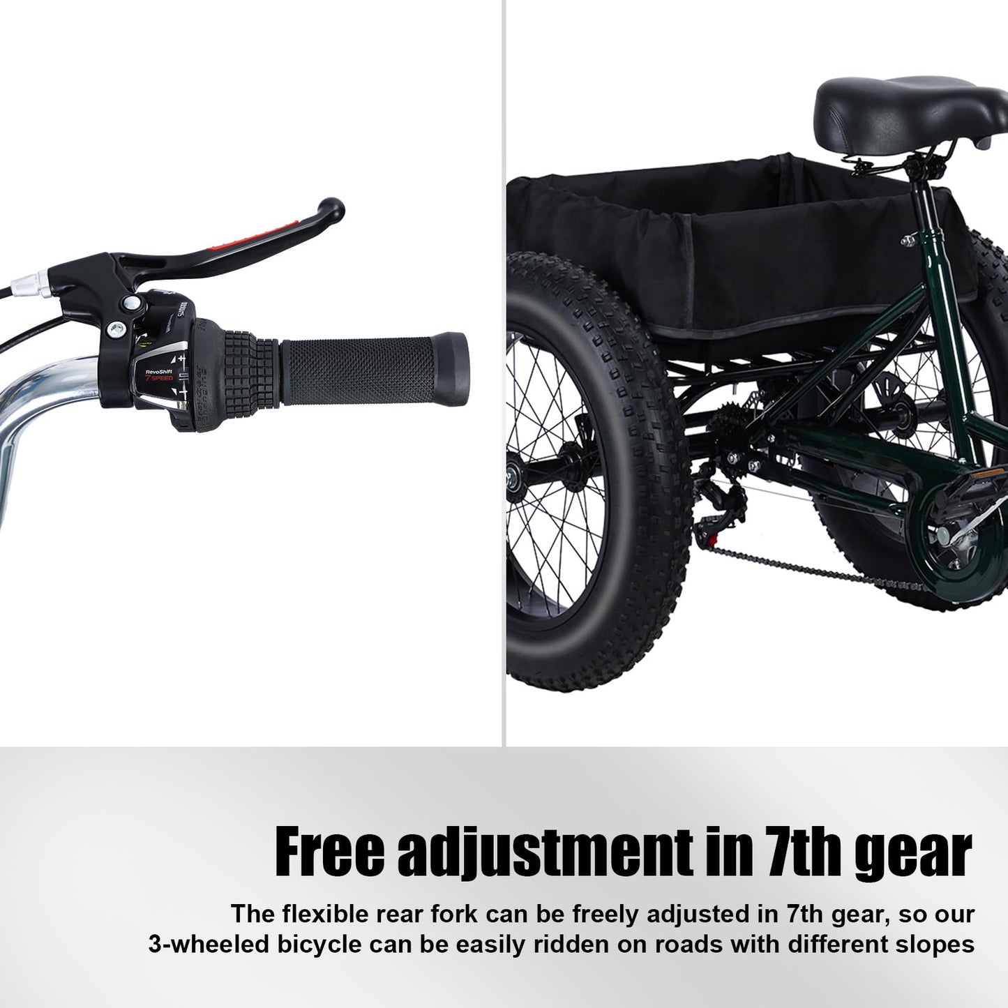 20 Inch Adult Tricycle 7 Speed, Fat Tire Trike Drift Tricycle with Double Disc Brake, High Carbon Steel 3 Wheel Bike for Seniors Adults 450 Lbs Capacity Shopping Basket Cruiser Bicycle (Black)