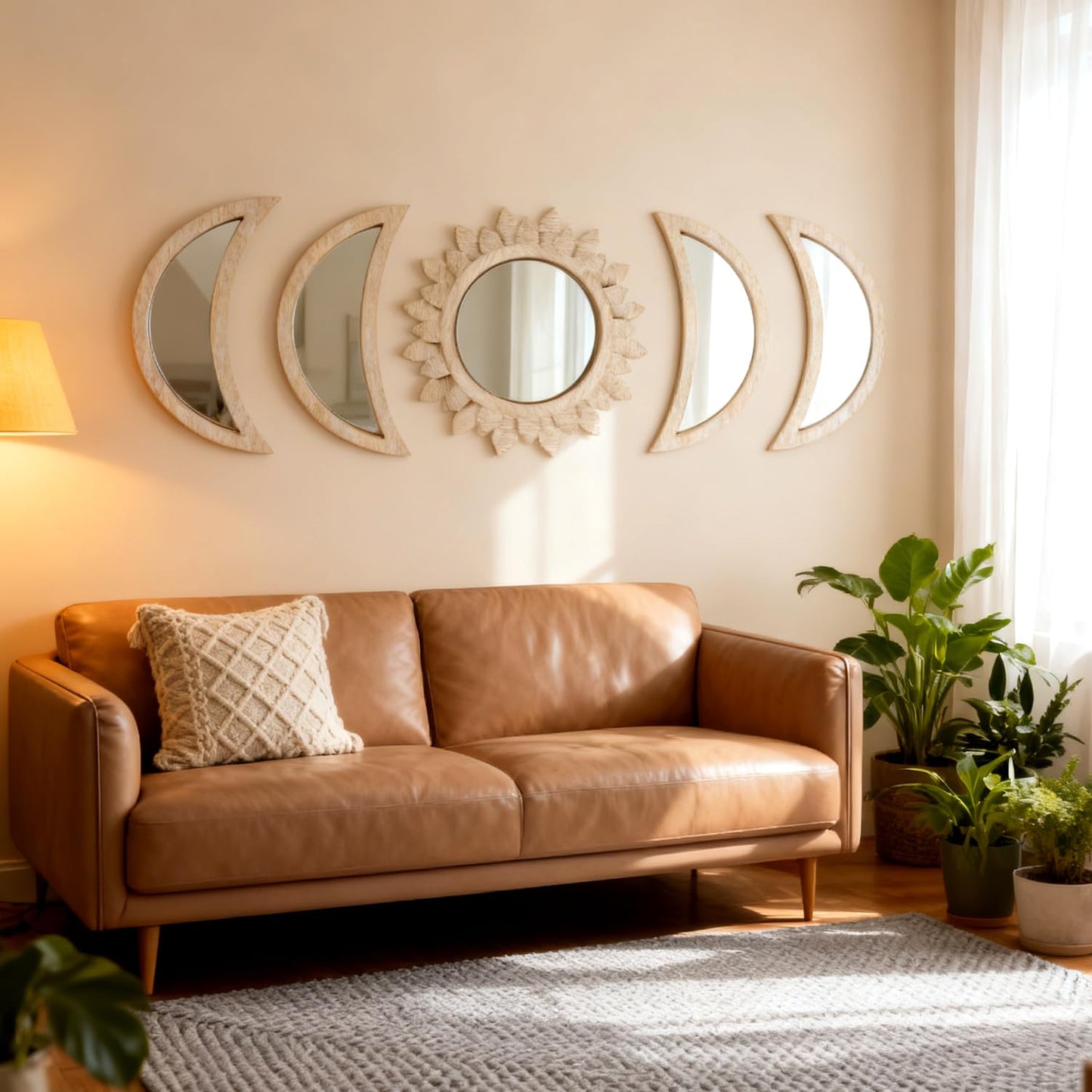 Cpcdaosk 5 Pieces Moon Phase Mirror Wall-Mounted Wall Decor Mirrors Natural Wooden Sunburst Bohemian Wall Art for Home Living Room Bedroom Decoration