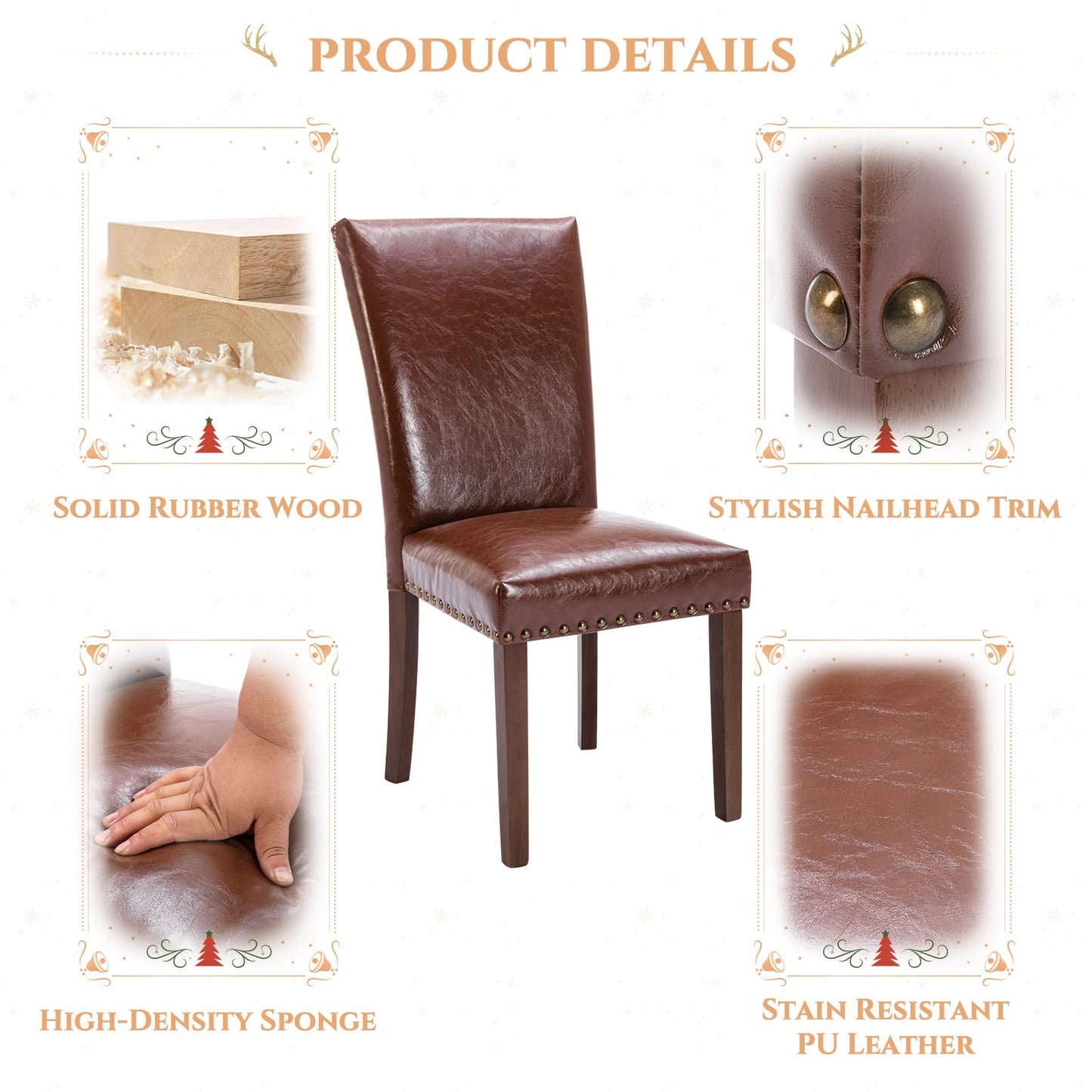 MALOL High Back Dining Chairs Set of 4, Leather Dining Room Chair with Wood Legs and Nailhead Trim, Modern Padded Kitchen Chairs for Dining Room/Restaurant, Brown