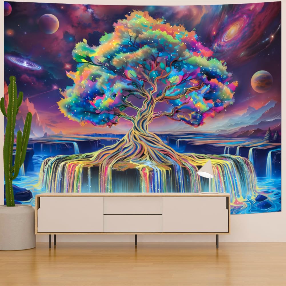 Obsecolors Blacklight Tree of Life Tapestry UV Reactive Waterfall Tapestry Galaxy Space Aesthetic Tree Wall Tapestries Colorful Starry Sky Tapestries Wall Hanging for Bedroom