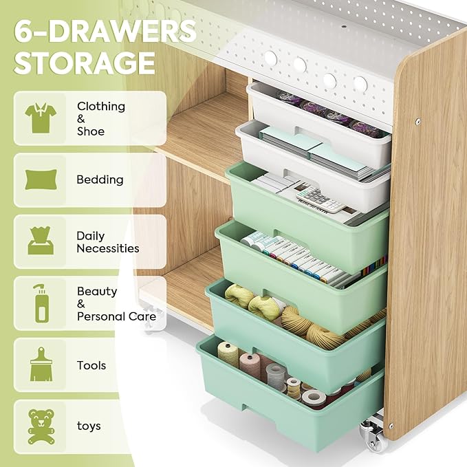 Rolling Storage Cart with Top Pegboard and 6 Drawers, Mobile Utility Cart on Wheels with Locking Brakes, Craft Organizer Lateral File Cabinet for Home, Office and Craft Room – Wood Frame(Green)