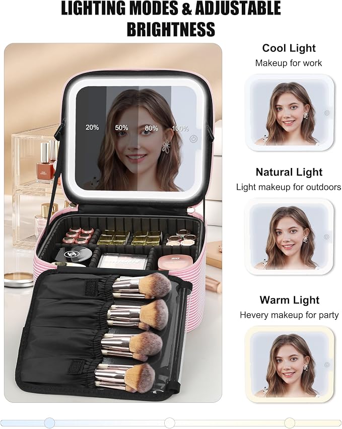 Relavel Travel Makeup Bag With LED Mirror, Portable Cosmetic Bag Organizer with Adjustable Brightness in 3 Color Scenarios, Small Cute Train Case with Detachable Dividers for Trip- Pink Strip