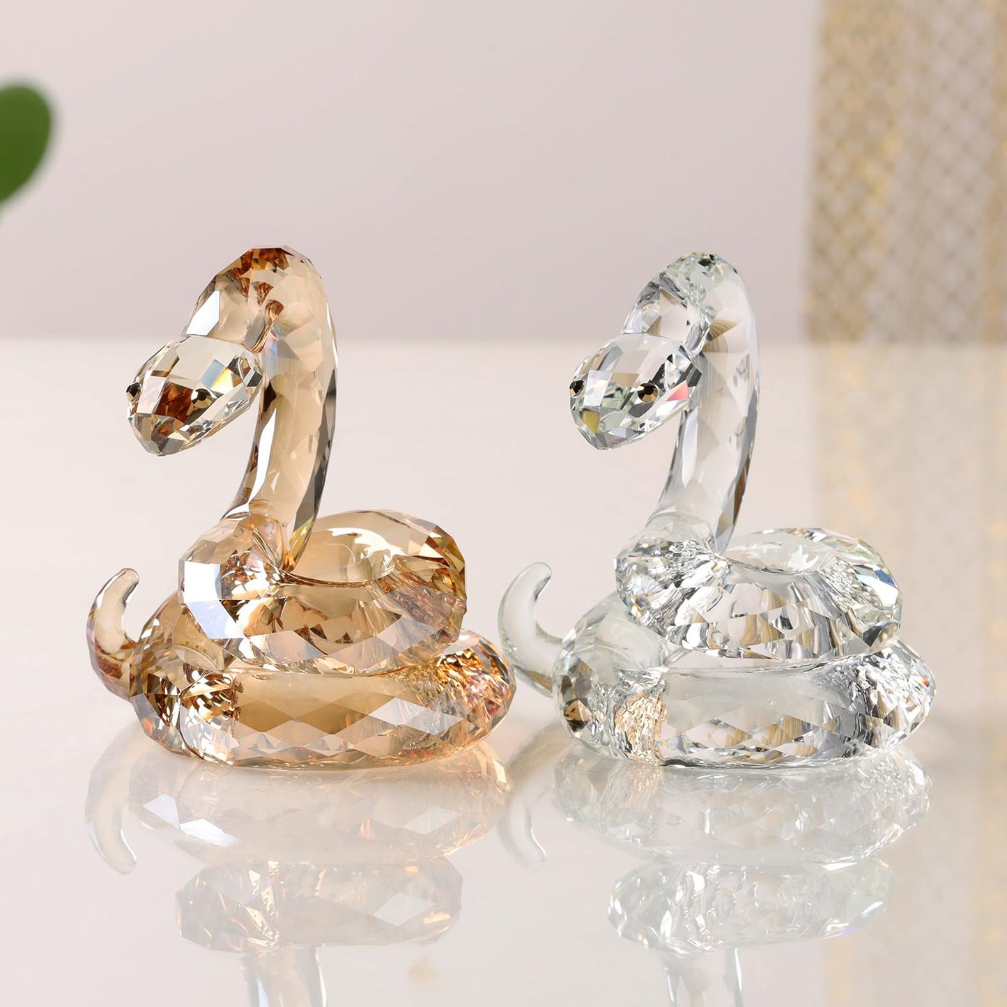 DOJOZ Crystal Coiled Snake Realistic Animal Holiday Collection Table top Ornament Home Decor Collectible Figurines Christmas New Year Gifts (Gold)
