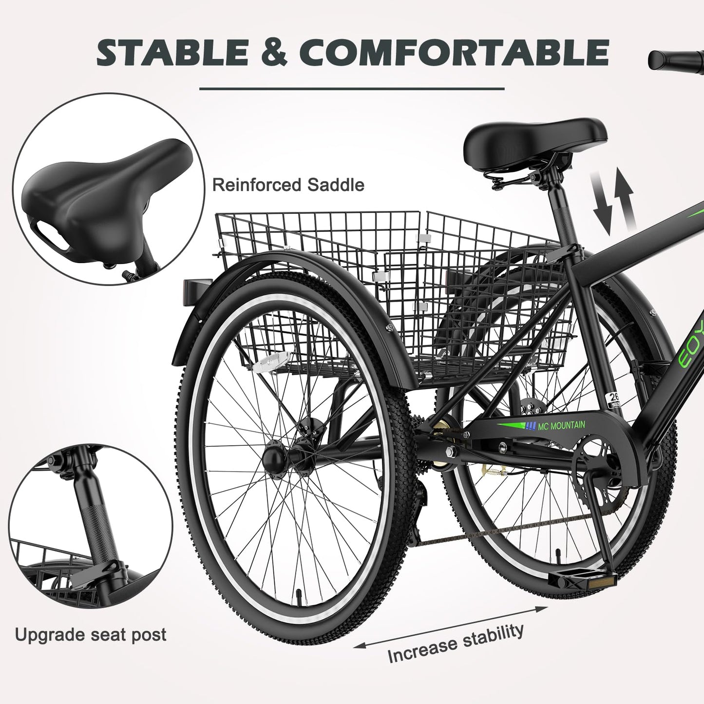 H&ZT Adult Tricycle, 3 Wheeled Bike, Trike Cruiser Bike, with 7-Speed Gear, Parking Brake Handle, Low Step, Large Rear Basket, Elderly Friendly, for Men, Women, and Teens