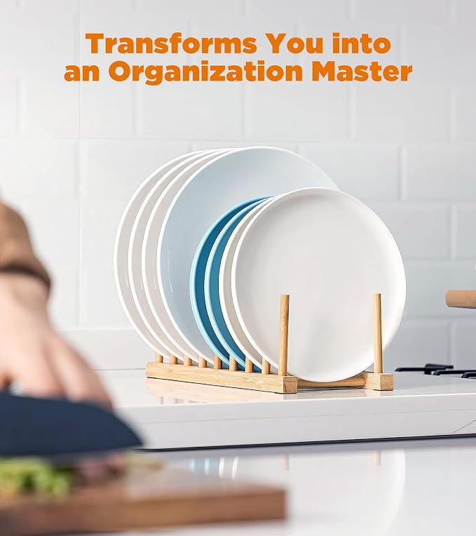 Bamboo Dish Drying Rack, 2 Pack Wooden Storage Holder Organizer for Plate/Bowl/Cup/Book/Pot/Lid/Cutting Board Drying Rack Stand Holder
