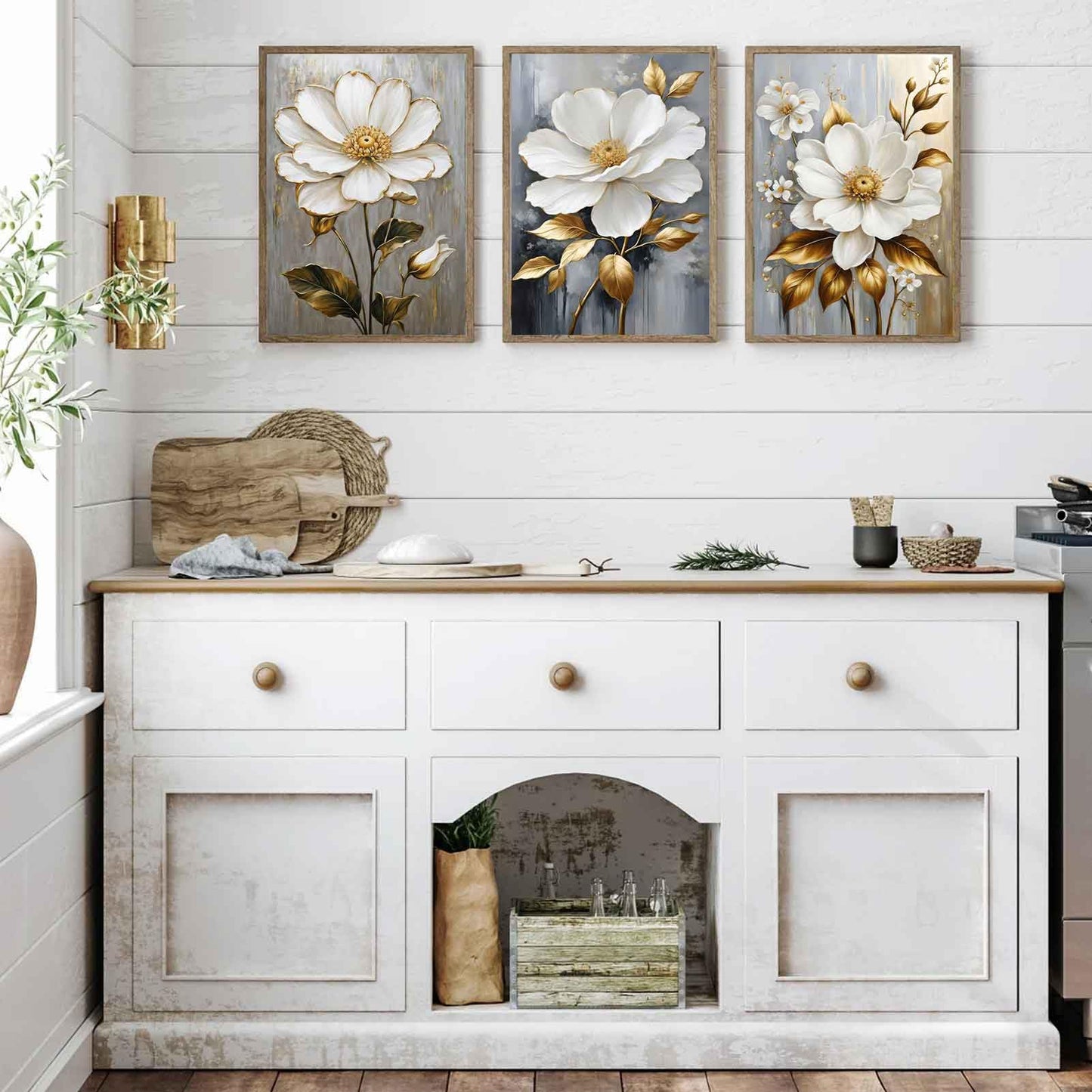 3Pcs White Flower Gold Leaf Canvas Wall Art Modern Plants Flowers Painting Decor Pictures Neutral Floral Bloom Posters Prints for Office Living Room Bathroom Bedroom Decoration No Frames