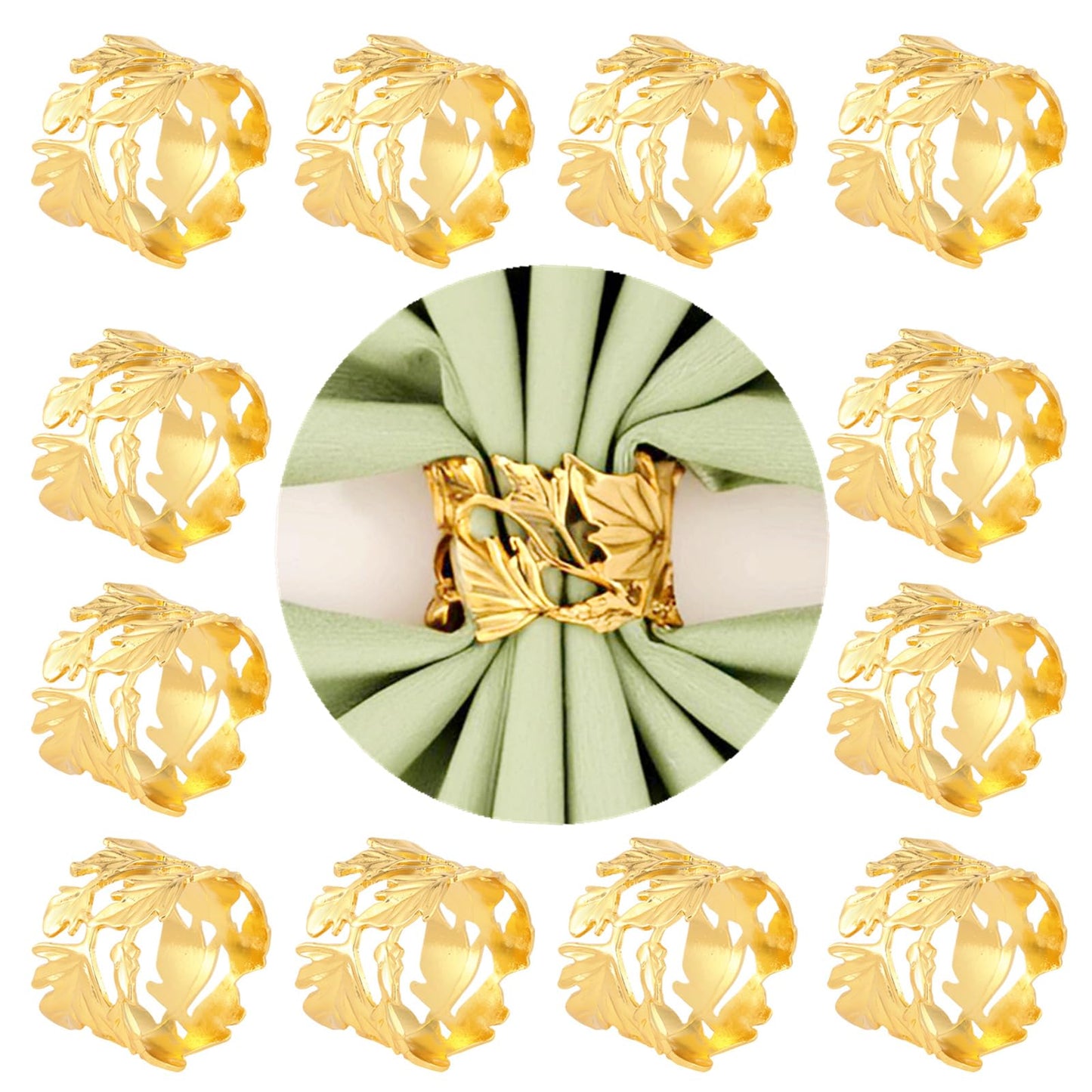 12 Pcs Gold Leaf Napkin Rings Set,Hollow-Out Golden Leaves Napkins Rings Elegant Alloy Holders Bulk for Art Gathering,Thanksgiving Christmas Table Setting Decor,Party Decoration,Daily Use(Round 12)