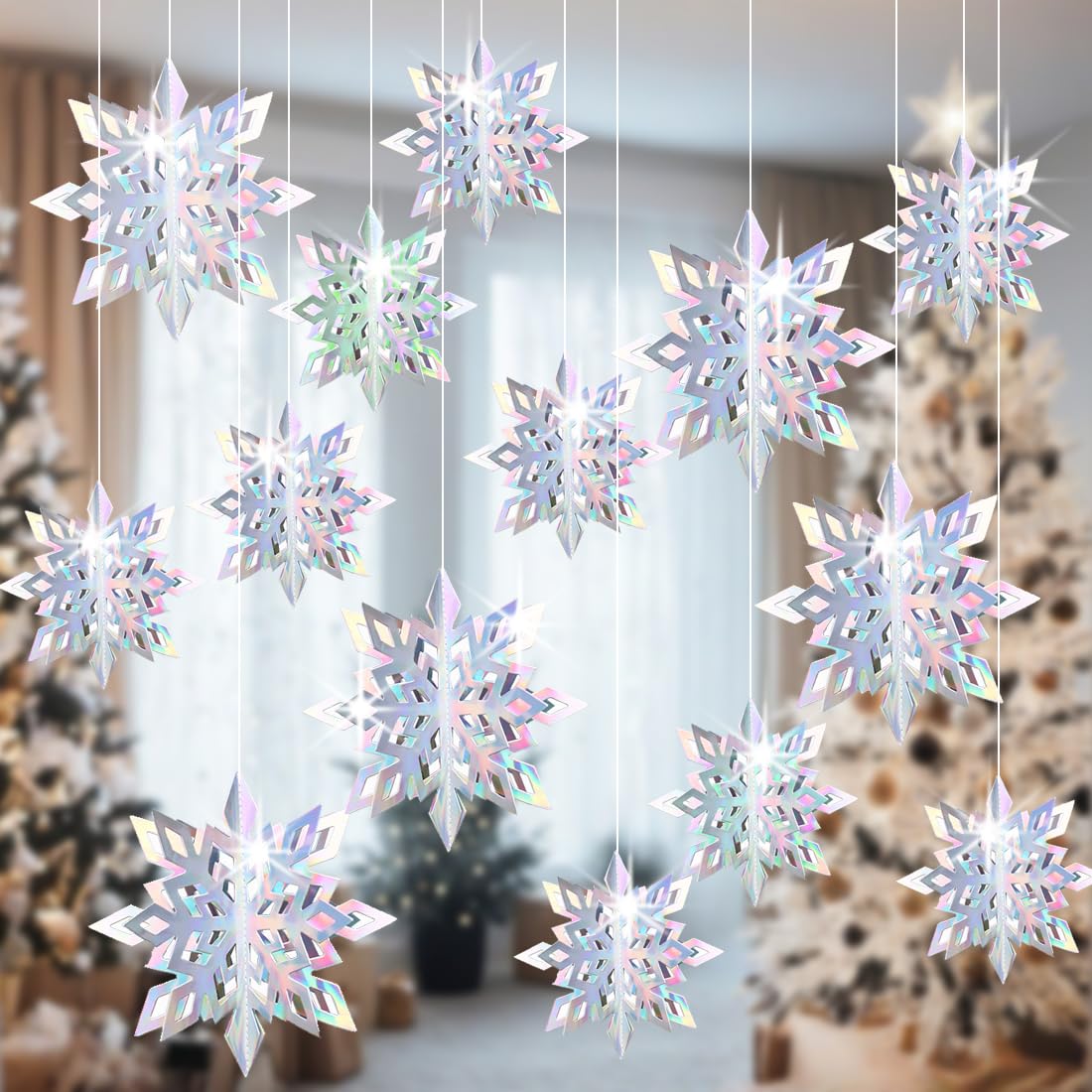 YsesoAi Winter Christmas Hanging Snowflake Decorations 15Pcs, 3D Iridescent Paper Snowflakes Rainbow Snow Flakes Garland for Winter Wonderland Holiday Frozen Christmas Birthday Party Home Decorations