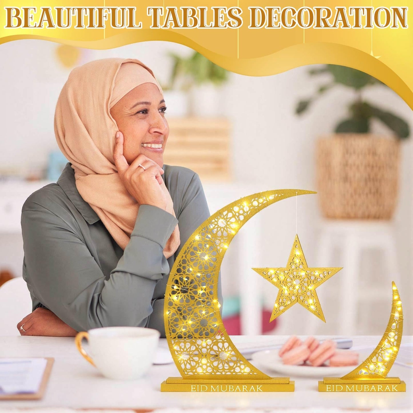 Wesiti 2 Pcs Eid Al Adha Decorations Eid Mubarak Wooden Table Decoration Islamic Gifts for Muslim Gold Crescent Lamp with Moon Star Centerpiece Light for Al Adha Decor Muslim Holiday Celebration