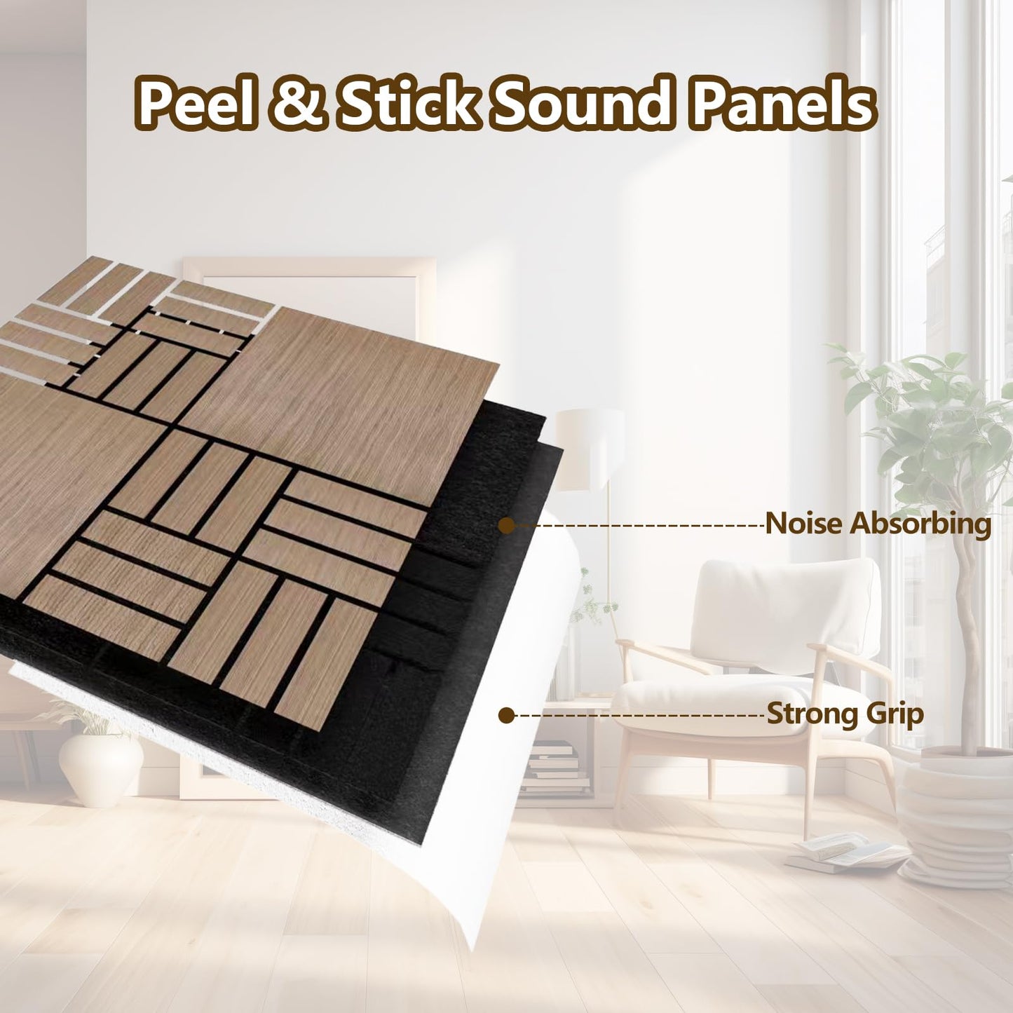 ARMURO 4 Packs Acoustic Wall Panels - Self-Adhesive 3D Wood Slat Wall Panel- Peel and Stick Sound Absorbing Panels for Noise Reducing - Feature Wall Decor for Home & Office