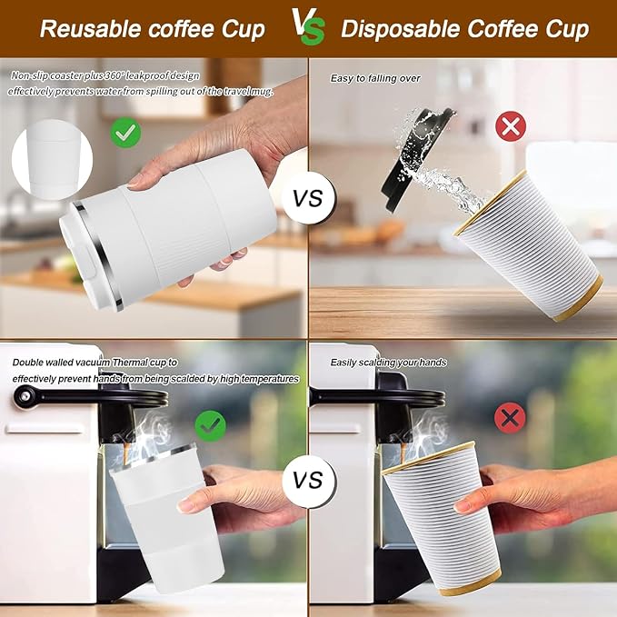 YINBAOGE Insulated Travel Coffee Mug, Spill & Leak Proof, Portable To Go Camping Stainless Steel Coffee Tumbler, Reusable Thermal Coffee Cup with Lid for Hot & Cold Drinks (White, 12 OZ)