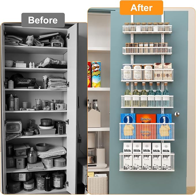 6-Tier Over The Door Pantry Organizer,Hanging Spice Rack,Grid Basket,White | Height Adjustable,Easy Grip Handle,Large Capacity,For Pantry Door,Laundry Room,Bathroom,Kitchen,D5.3xW15.7xH60.9in