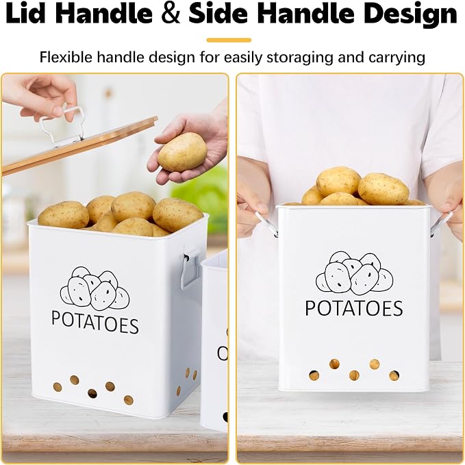 Potato and Onion Storage Bin, Set of 2 Vegetable Storage Tins with Wooden Lids & Side Handles, Dual-row Ventilation Holes, Farmhouse Metal Kitchen Canisters Sets, White