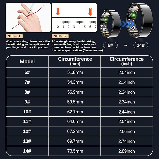 Ring Health Tracker for Women Men, Fit Ring with Heart Rate, Blood Oxygen, Sleep Monitor, Calories, Step Counter, IP68 Waterproof Smart Ring for iPhone & Android, No Subscription Fee (Black, 9#)