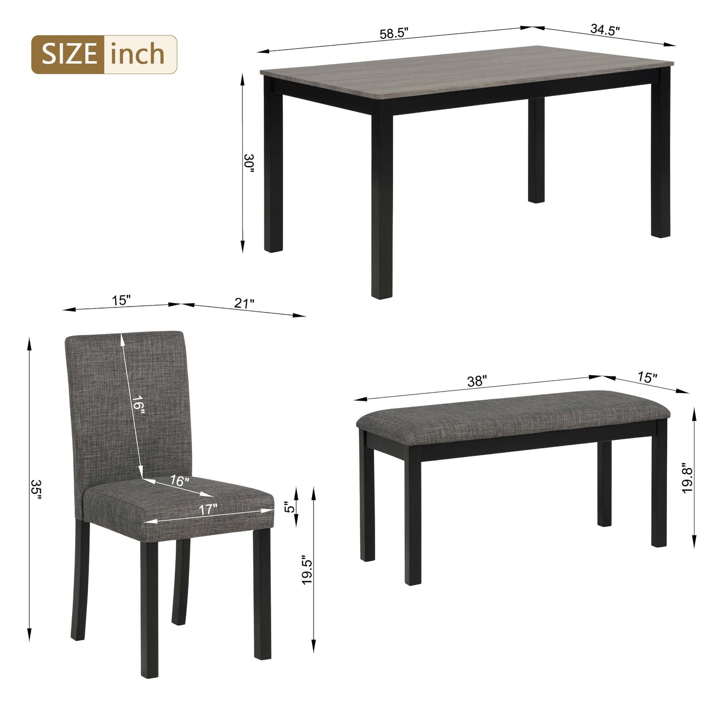 Casaphoria 6-Piece Dining Table Set with Bench and 4 Upholstered Chairs, Modern Wood Kitchen Table Set for 6, Rectangular Furniture for Dining Room, Home Gatherings, Light Grey & Black