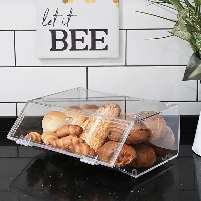 Ikee Design Acrylic Stackable Bakery Case Kitchen Pastry Container Display, Organizer Storage Holder Stand for Bagels, Bread and Muffins with A Hinged, Slanted Door, 11.75" W x 10.25" D x 5.5" H