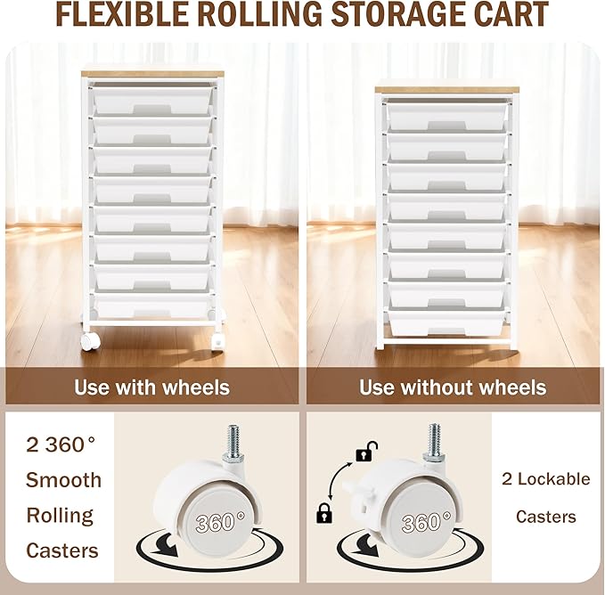 Rolling Cart with 8 Drawers, Storage Drawers Cart with Wooden Tabletop and Lockable Wheels, Craft Storage for Living Room, Office, Classroom, Craft Room, Bedroom