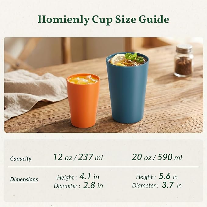 Homienly Reusable Plastic Cups - Wheat Straw Unbreakable Drinking Glasses & Water Glasses | Multi-Color Stackable Plastic Cups, Dishwasher Safe | Glassware & Cup Sets for Kitchen (20 oz 8-Pack)