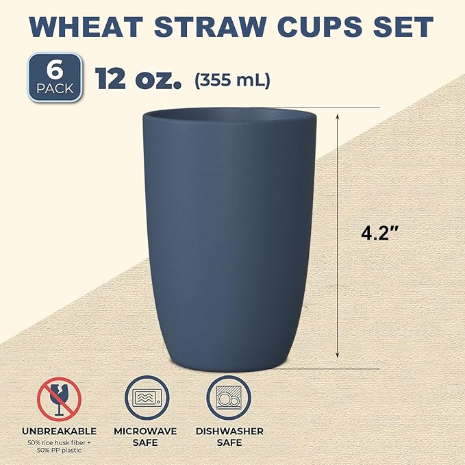 Wrova Wheat Straw Cups 6 PCS Good Alternative to Plastic Reusable Cups 12 oz Unbreakable Drinking Cup Reusable Dishwasher Safe Water Plastic Glasses Navy Blue