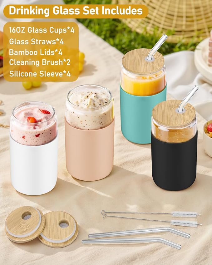 sungwoo Glass Cups with Lids and Straws, 4 Pack 16OZ Iced Coffee Cups with Silicone Sleeve, Glass Tumbler with Straw and Bamboo Lid, Home Essential Drinking Set for Juice, Cocktail and Latte 4 Colors