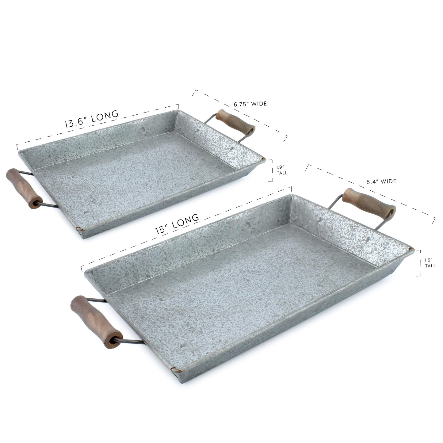 AuldHome Design Galvanized Farmhouse Trays (Set of 2, Small & Medium); Farmhouse Decor Rectangular Trays w/Handles