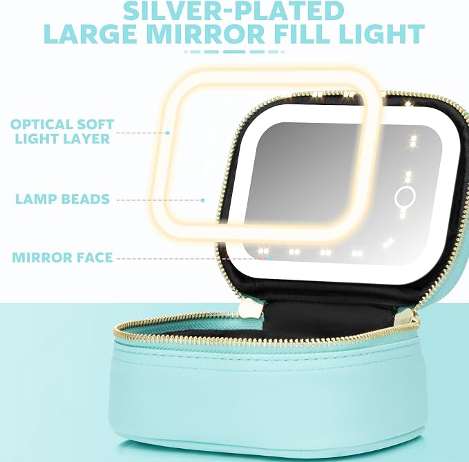 Mini Makeup Bag with Led Mirror, Small Travel Make up Bag 3 Light Modes Adjustable Brightness, for Women Organizer Cosmetic Bag, Portable Travel Train Toiletry Bag, for Pool Parties Work Touch-Ups